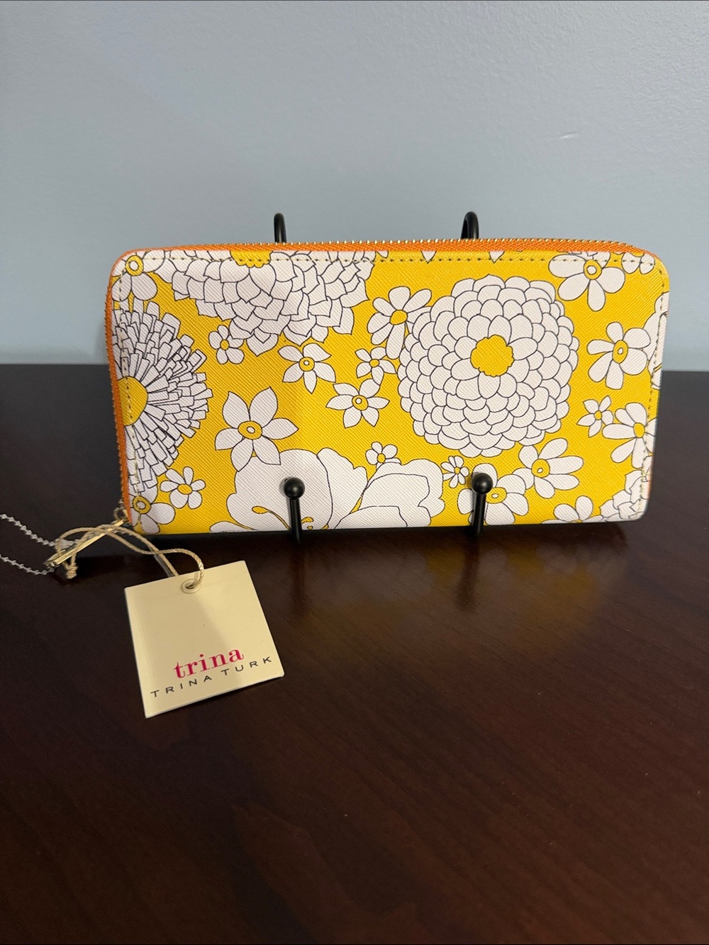 Trina Turk Yellow & White Floral Zip Wallet with orange trim and pink inside